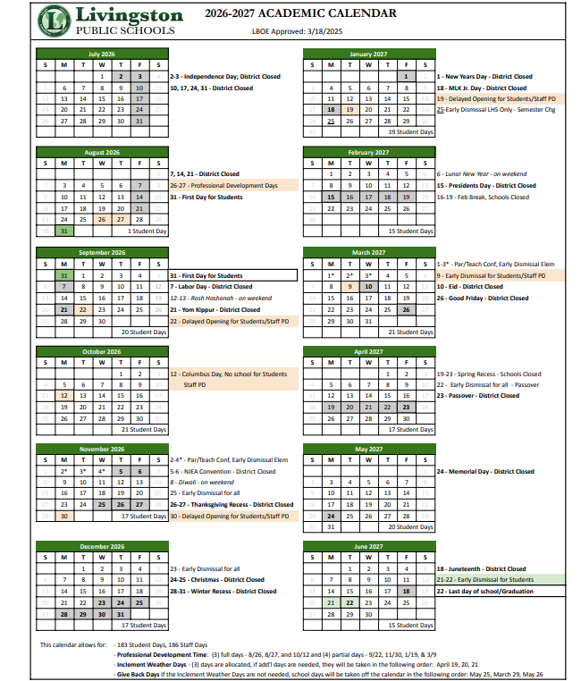 CALENDAR SHOWING 2026-2027 ACADEMIC DATES